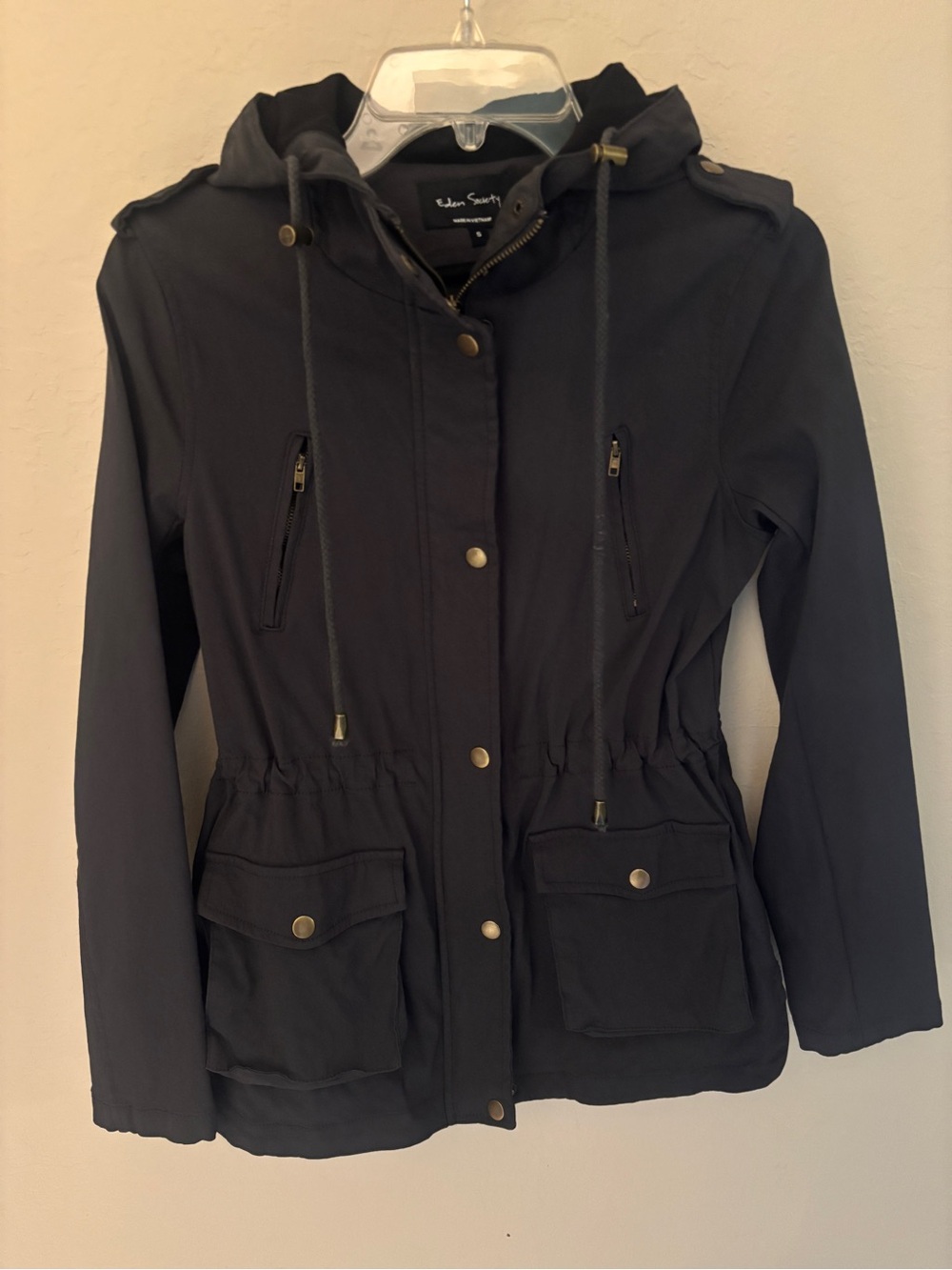 Eden Society - Holly Contrast Hood Cargo Jacket in Charcoal. Size small.